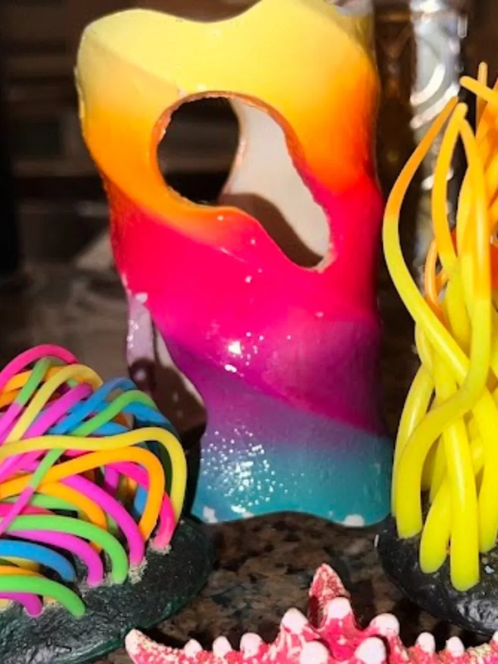 4 piece set, brightly colored fish tank decorations
